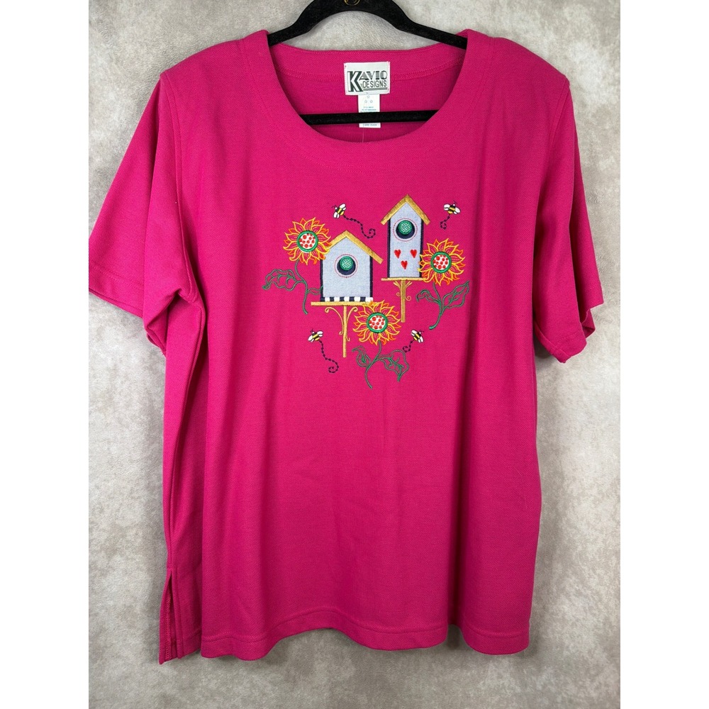 NWT VTG 90s Kavio Designs Top Women 1X Pink Embroidered Birdhouse Sunflower